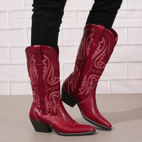 Women's Cowgirl Mid Calf Western Boots Embroidered Stitched Pointed Toe Red - Picture 4 of 5
